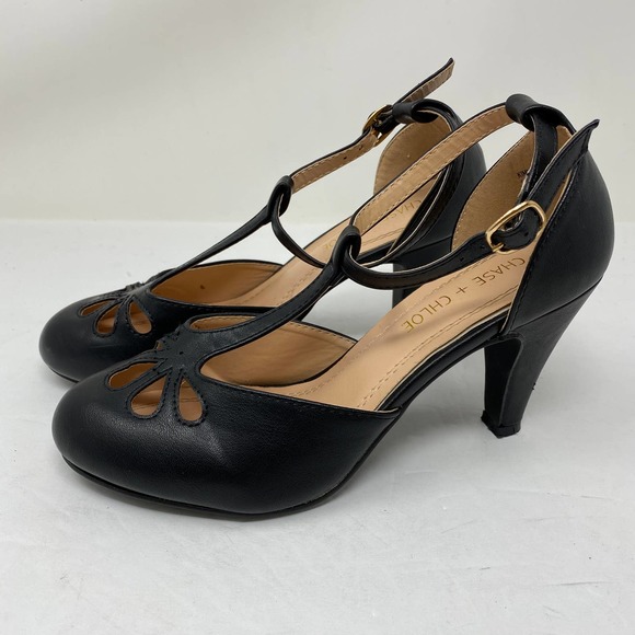 Chase + Chloe Kimmy T-Strap Pumps Black Retro - Picture 3 of 8